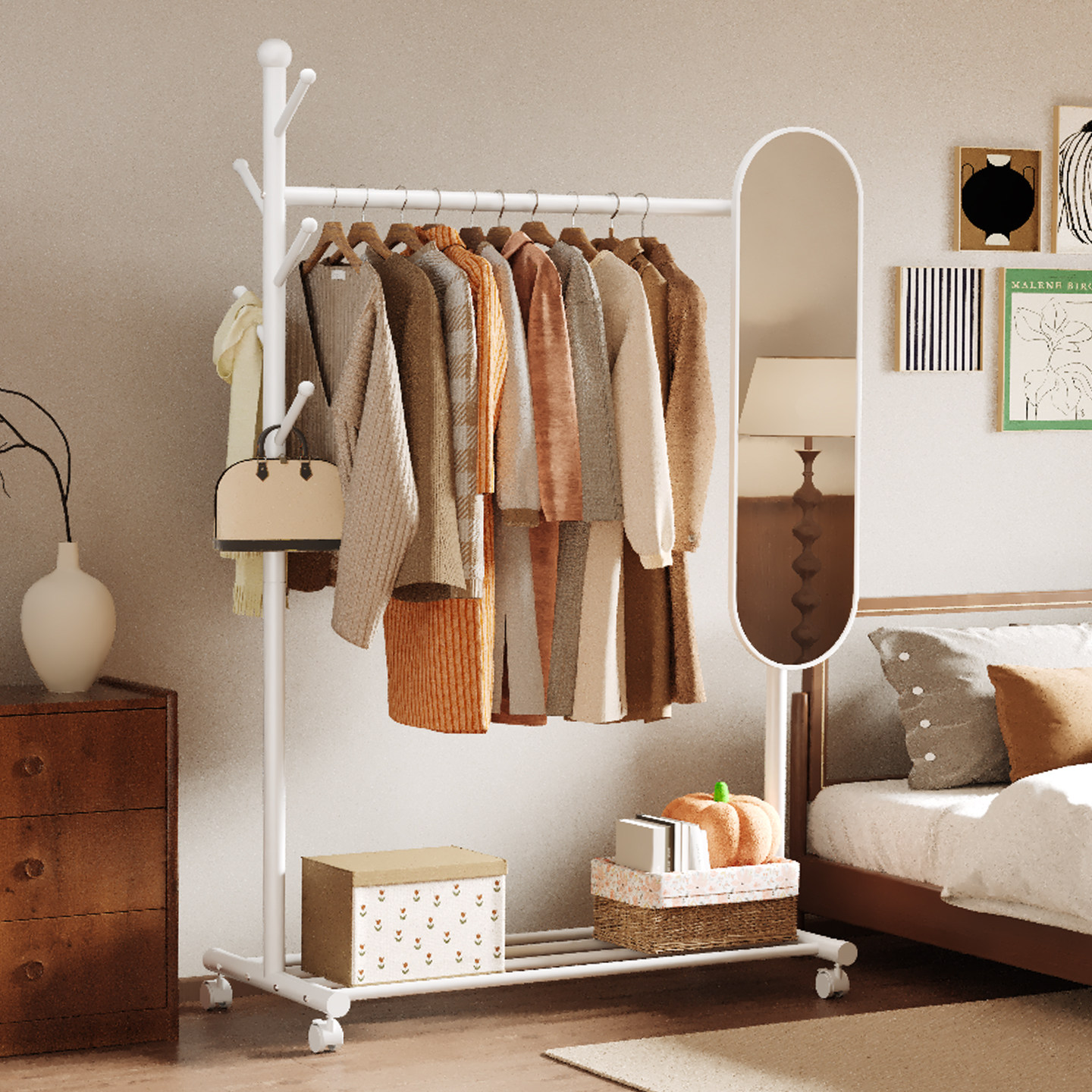 全身镜挂衣架一体卧室落地式穿衣镜可移动可旋转入户带镜子带轮子