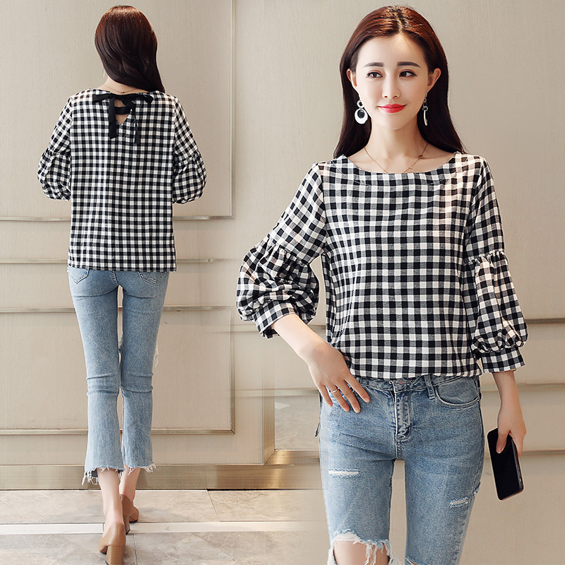 韩版休闲女七分袖格子衬衫百搭千鸟格衬衣灯笼袖小衫中袖上衣港风