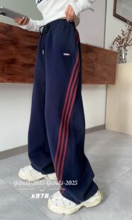 YIDALI休闲裤女秋季新款阔腿裤三条杠运动裤学生松紧腰直筒裤K978