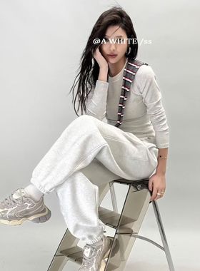 AWHITE休闲裤K299高端加绒加厚冬季新款卫裤女抽绳束脚九分裤字母