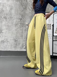 芙蓓fubei休闲裤女秋新款阔腿裤竖条纹2025弯刀运动裤学生松紧mtw