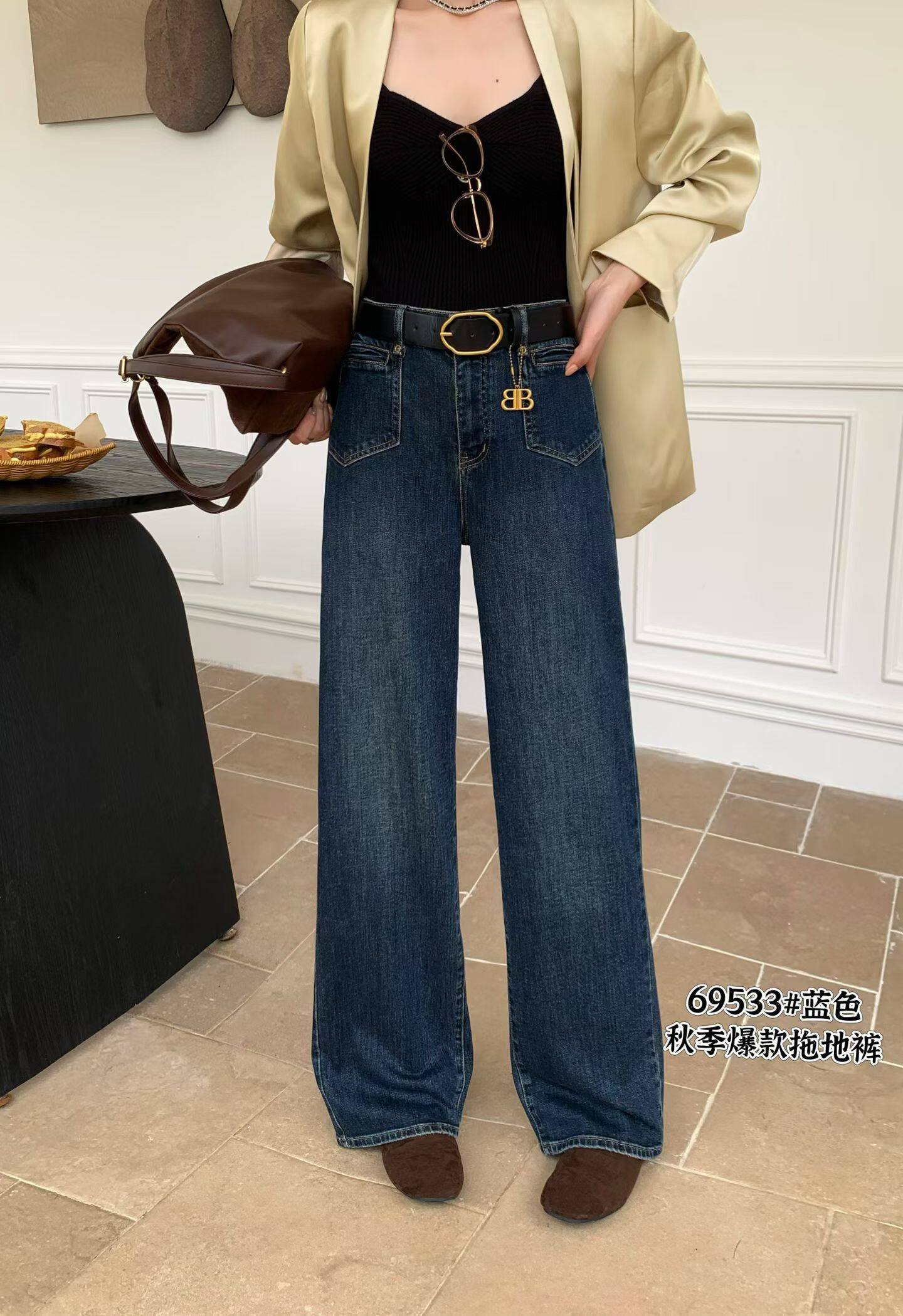 69533三人行牛仔裤女薄料秋季新款直筒裤2025阔腿长裤子窄版