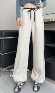 K989YIyidali卫裤女休闲直筒阔腿抽绳松紧腰awhite彩色腰加绒加厚