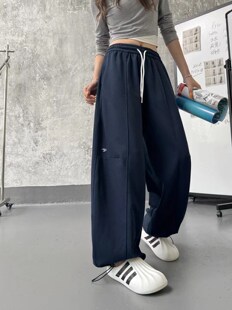 芙蓓fubei休闲裤女秋季新款阔腿裤字母拼接韩版长裤子学生松紧mtw