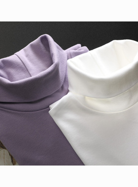 日系柔软亲肤白色紫色纯棉高领长袖打底衫女胖mm大码T恤秋冬上衣
