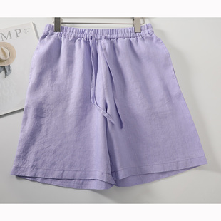 清凉透气宽松大码 紫色14支纯亚麻五分裤 女夏季 薄款 高腰系带短裤