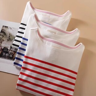 薄款 全棉红白蓝白条纹T恤女长袖 船领海魂打底衫 黑白上衣春秋 法式