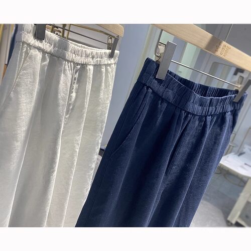老钱风松紧腰亚麻弯刀阔腿裤女夏