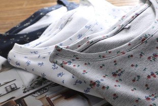 海锚日系碎花纯棉厚实圆领长袖T恤女大码低领打底衫花朵上衣复古