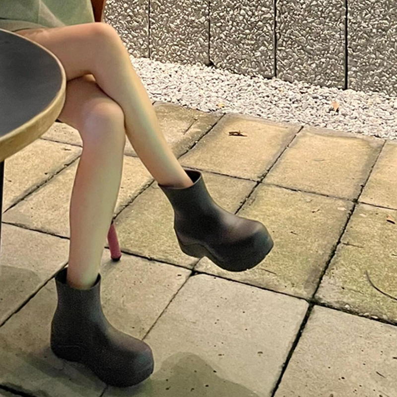 BV PY短靴雨靴女秋冬百搭马丁靴女短筒靴子防雨雪厚底圆头大头鞋