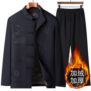 冬季唐装男中老年人加绒加厚棉衣爸爸套装中国风爷爷棉袄春秋外套