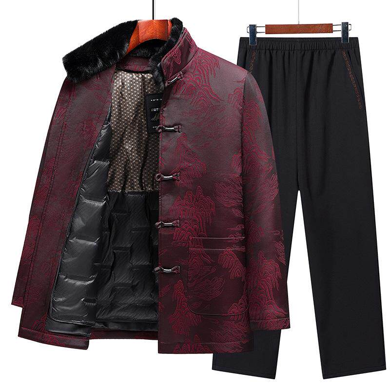 冬季唐装男中老年可脱卸羽绒服棉衣外套中国风套装棉袄爷爷装棉服