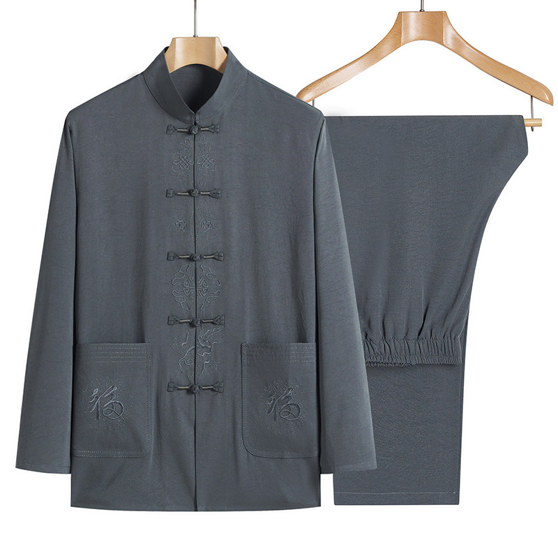 春秋季唐装男亚麻薄款长袖套装中国风爸爸装夏装老人爷爷棉麻汉服