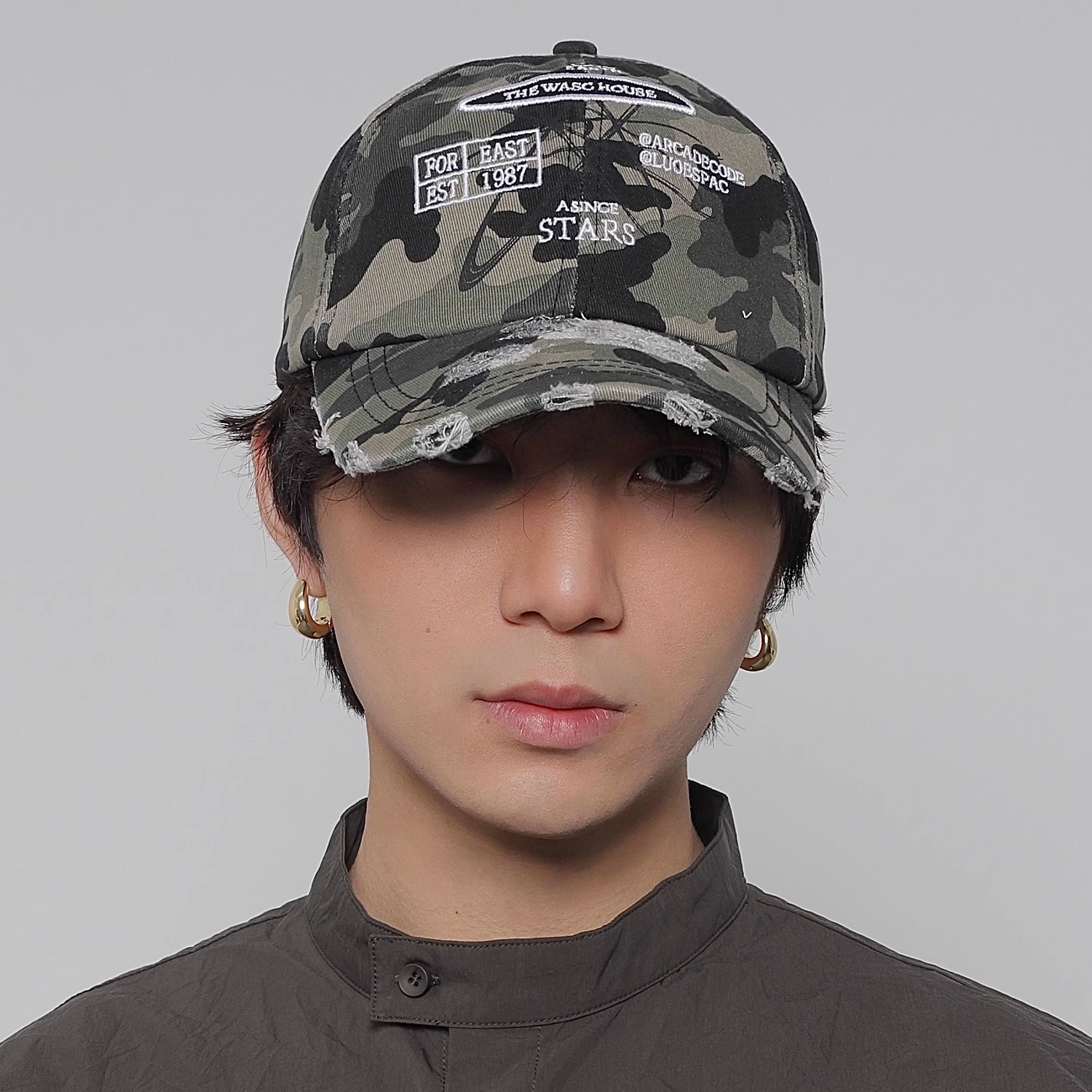WORLDWIDE/潮牌水洗小众字母大头围磨破迷彩棒球帽美式复古鸭舌帽