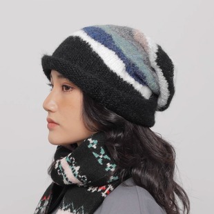 WORLDWIDE/复古条纹拼色卷边针织堆堆帽女秋冬大头围显脸小冷帽潮