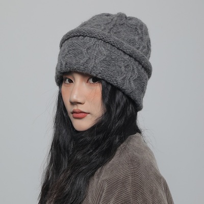 WORLDWIDE 韩系纯色麻花针织帽秋冬保暖护耳大头围显脸小毛线冷帽