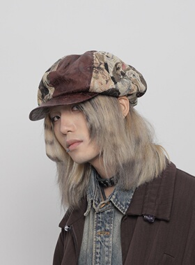 WORLDWIDE/日系复古小狗棕色拼接贝雷帽大头围显脸小画家帽八角帽