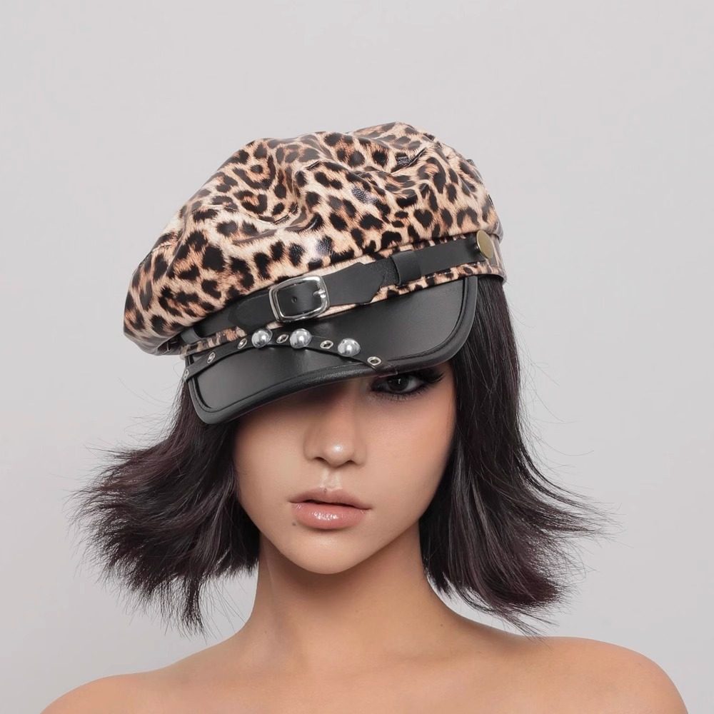 朋克豹纹铆钉皮扣亚文化贝雷帽