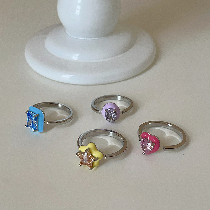 彩色滴油星星爱心方糖锆石开口戒指女简约高级感甜美精致时尚指环
