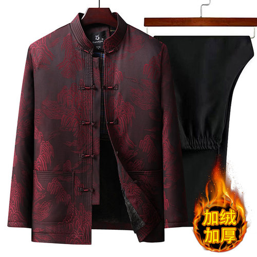 唐装男中老年春秋外套爸爸装中国风老人生日过寿爷爷棉衣加绒套装
