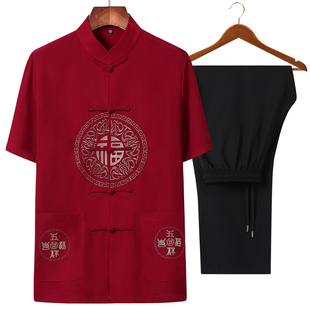中老年夏季唐装男中国风冰丝棉麻爸爸装汉服短袖爷爷薄款老人衣服