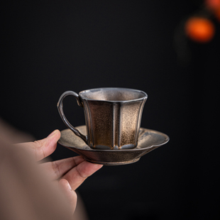 缘宿鎏金铁锈釉咖啡杯带杯碟水杯陶瓷高颜值复古陶瓷杯拿铁拉花碟