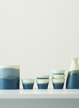 千里江山蓝绿渐变陶瓷酒具套装温酒器分酒器白酒杯黄酒六杯定logo