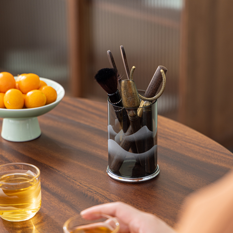 缘宿山峦高硼硅玻璃茶道六君子套装黑檀木茶具茶道配件花插毛笔筒