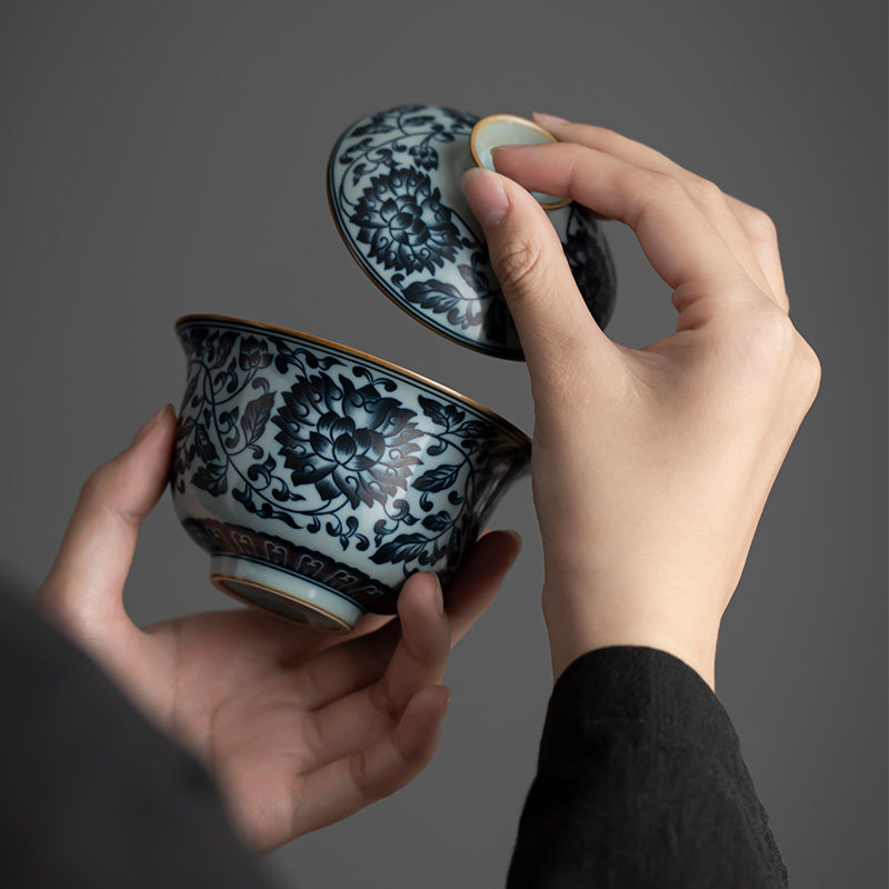 天青汝窑青花缠枝莲盖碗仿古陶瓷盖碗大号单个三才泡茶汝瓷盖碗,餐饮具,盖碗,淘宝优惠券,粉丝福利购,淘宝优惠卷