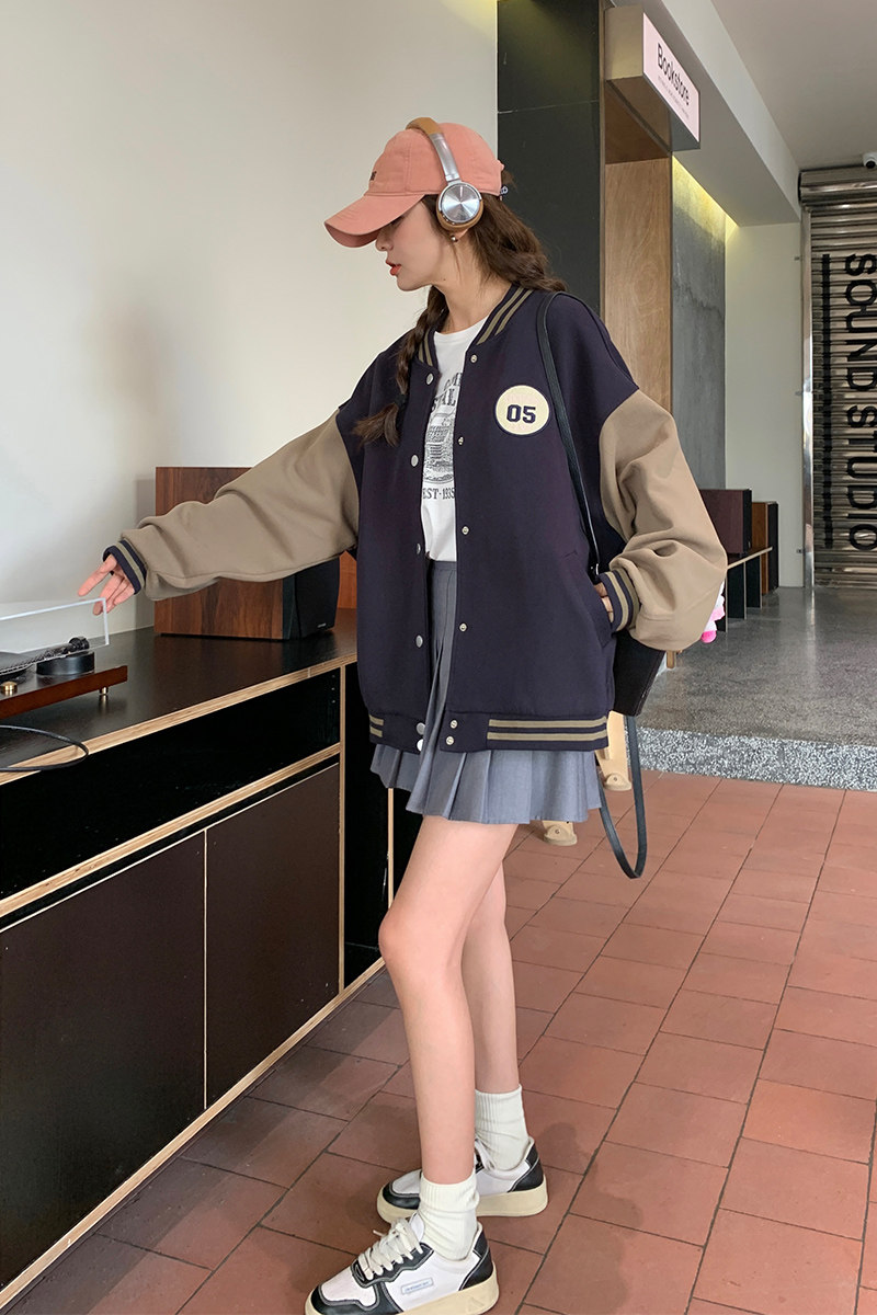 美式复古拼接棒球服外套女2025春秋新款学院风百搭小个子夹克上衣图片