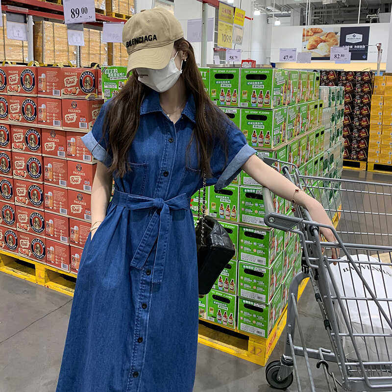 深蓝色衬衫连衣裙女夏季新款温柔显瘦工装牛仔裙法式漂亮独特长裙图片