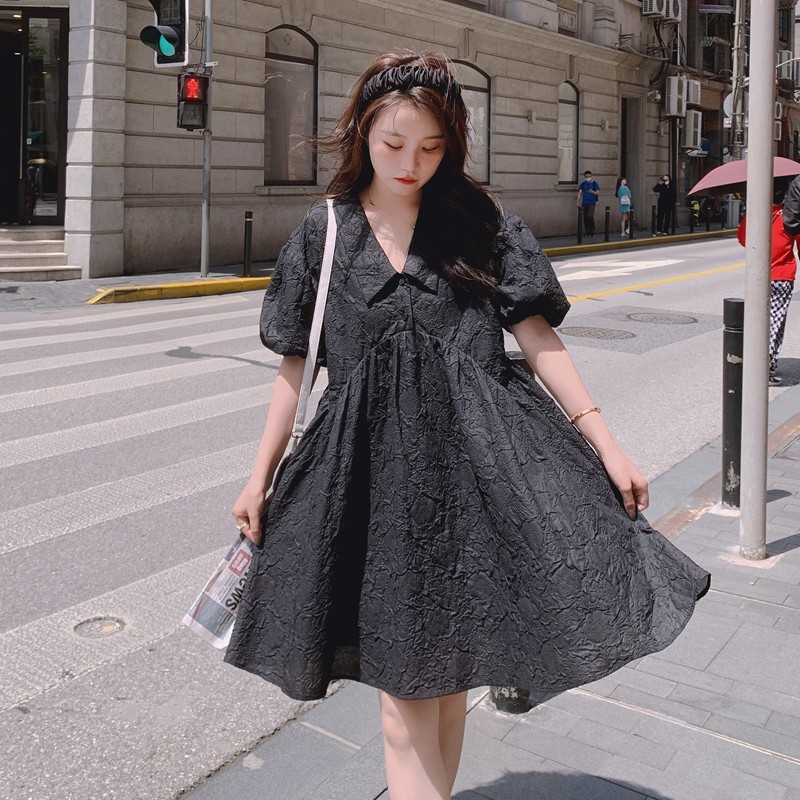 现货2021夏新款V领泡泡棉立体压花连衣裙030-119-P95K148，女装连衣裙，叁秋一裳