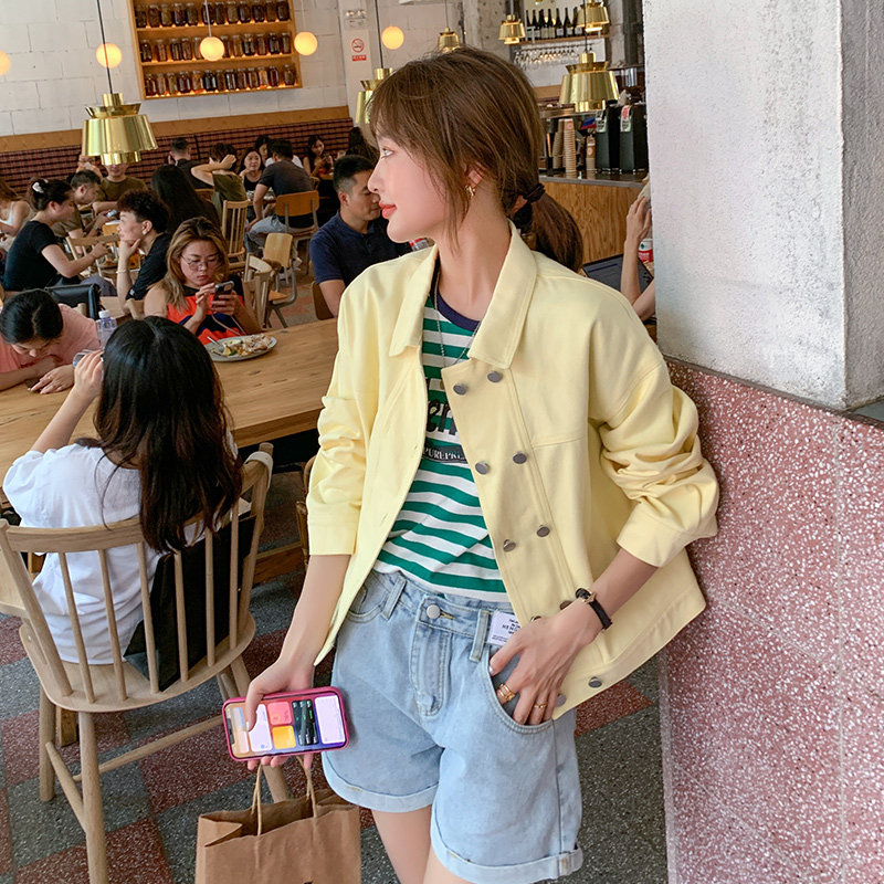 新款奶油黄双排扣牛仔外套119-8100-P110K168，女装短外套，叁秋一裳