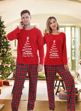 ebay全家装一家三口四口圣诞节亲子装家居服睡衣套装红色纯棉长袖