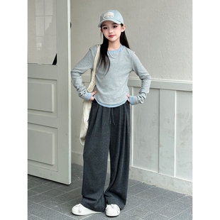 胖东来山姆女童t恤春秋新款儿童内搭长袖上衣修身条纹打底衫大童