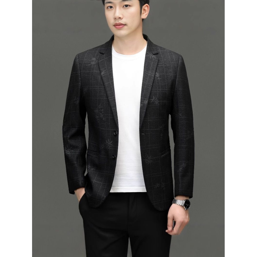 2025春秋中青年男式休闲西装格子磨毛西服男外套