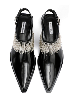 REIKIPETALS设计师鞋履 手工坠饰尖头女士slingback穆勒拖鞋 黑色