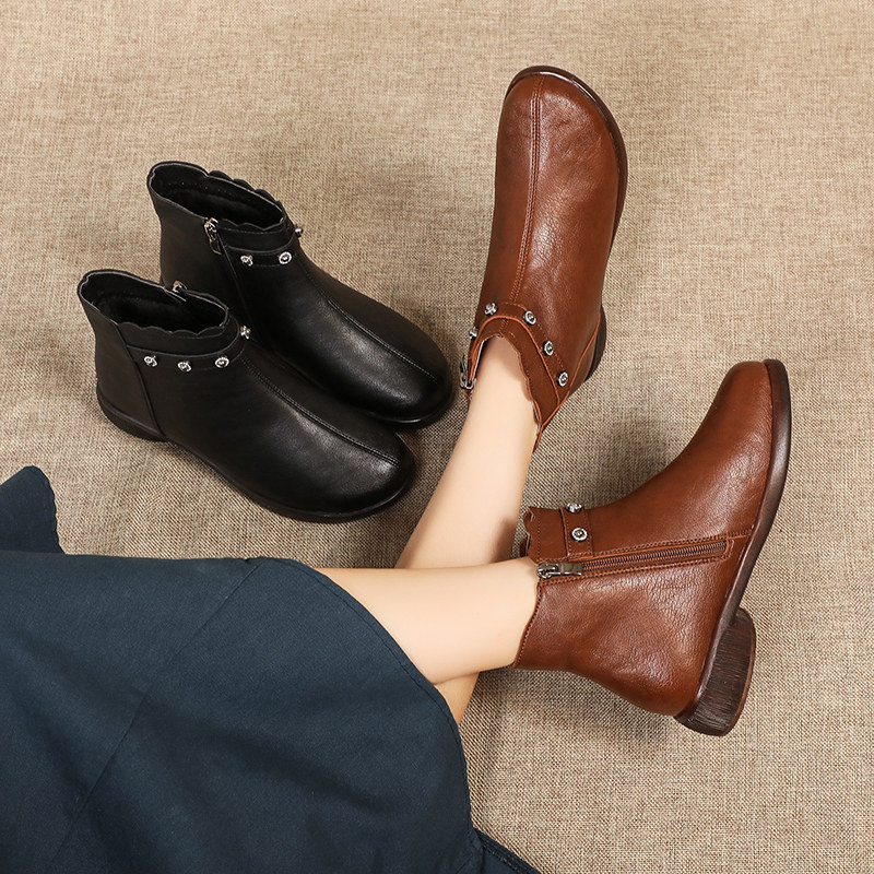 秋冬季新款妈妈鞋棉鞋防滑牛筋底女单靴子中老年软底加绒老人短靴