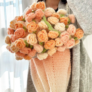 渐变色玫瑰花束毯子材料包手工diy毛线编织花毯盖毯钩针针织礼物
