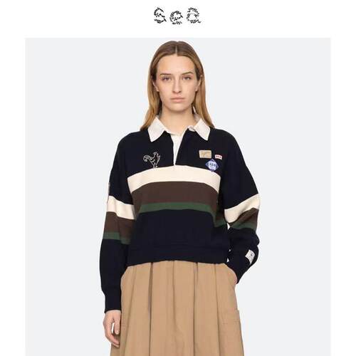 Sea New York  学院风复古撞色翻领条纹长袖POLO衫