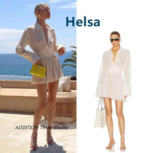 折扣 Helsa 春夏款Elsa Hosk同款气质网纱透视收腰长袖衬衫连衣裙