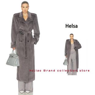 煳椒 Helsa 新款宽松翻领系带烟灰色毛茸茸垫肩慵懒风衣外套