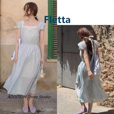 韩国 Fletta 26夏季新款优雅气质方领花边拼接收腰泡泡袖连衣裙女