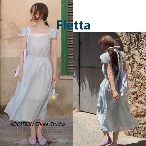 韩国 Fletta 26夏季新款优雅气质方领花边拼接收腰泡泡袖连衣裙女