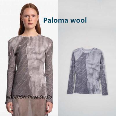 少现 Paloma wool 23新款圆领复古印花弹力针织修身长袖T恤上衣女