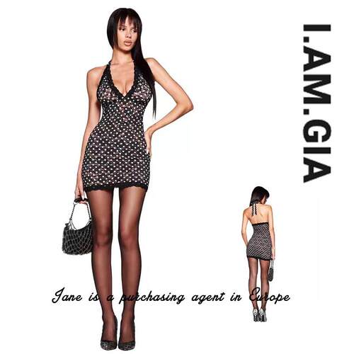 国现 美国直邮 iamgia 新款波点蕾丝性感深V挂脖露背绑带连衣裙