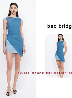 煳椒 bec bridge 蓝色不对称拼接高领假两件修身吊带裙短裙