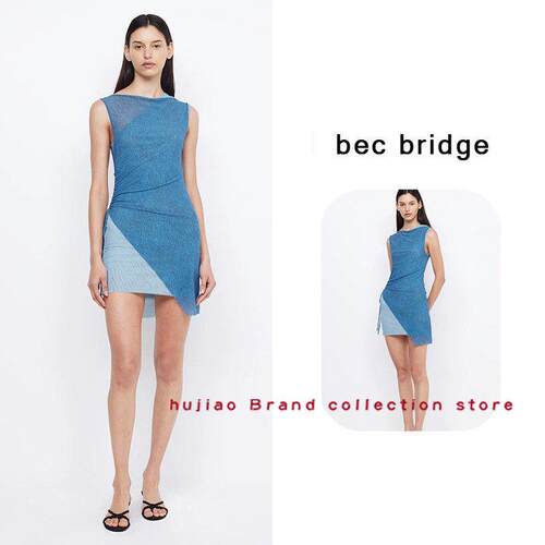 煳椒 bec bridge 蓝色不对称拼接高领假两件修身吊带裙短裙
