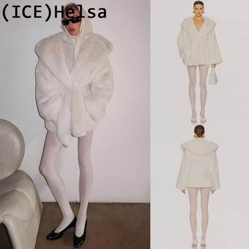 ice买手店正品折扣Helsa外套25冬季新款加厚人造兔毛皮连帽大衣女