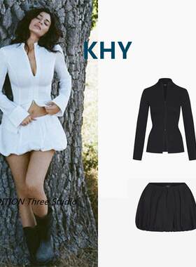 正品 KHY 24秋冬款Kylie同款双向拉链修身显瘦衬衫花苞短裙套装女